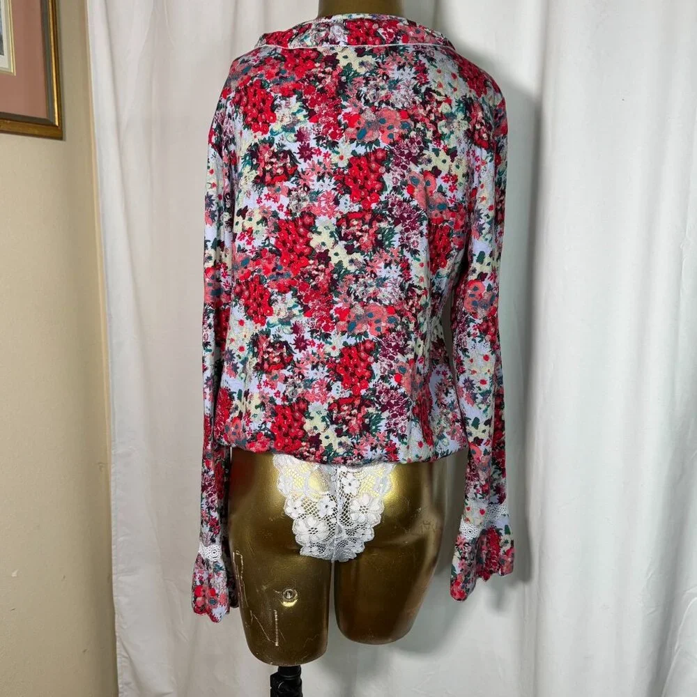 Free People Women's Heat Wave Thong Bodysuit Size Medium Floral Ruffle Blue Red - Picture 5 of 10